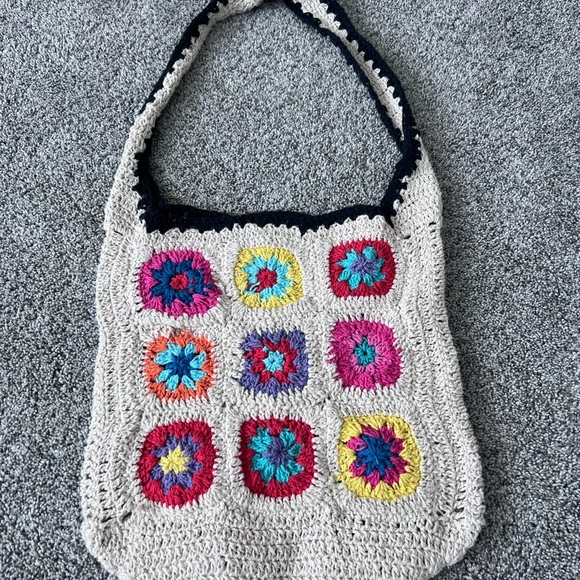 Granny Square Purse Boho Crochet Tote Bag No-Stretch Straps Cream - Picture 4 of 9